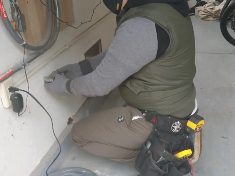Electrician performing outlet wiring in a Massapequa Park garage
